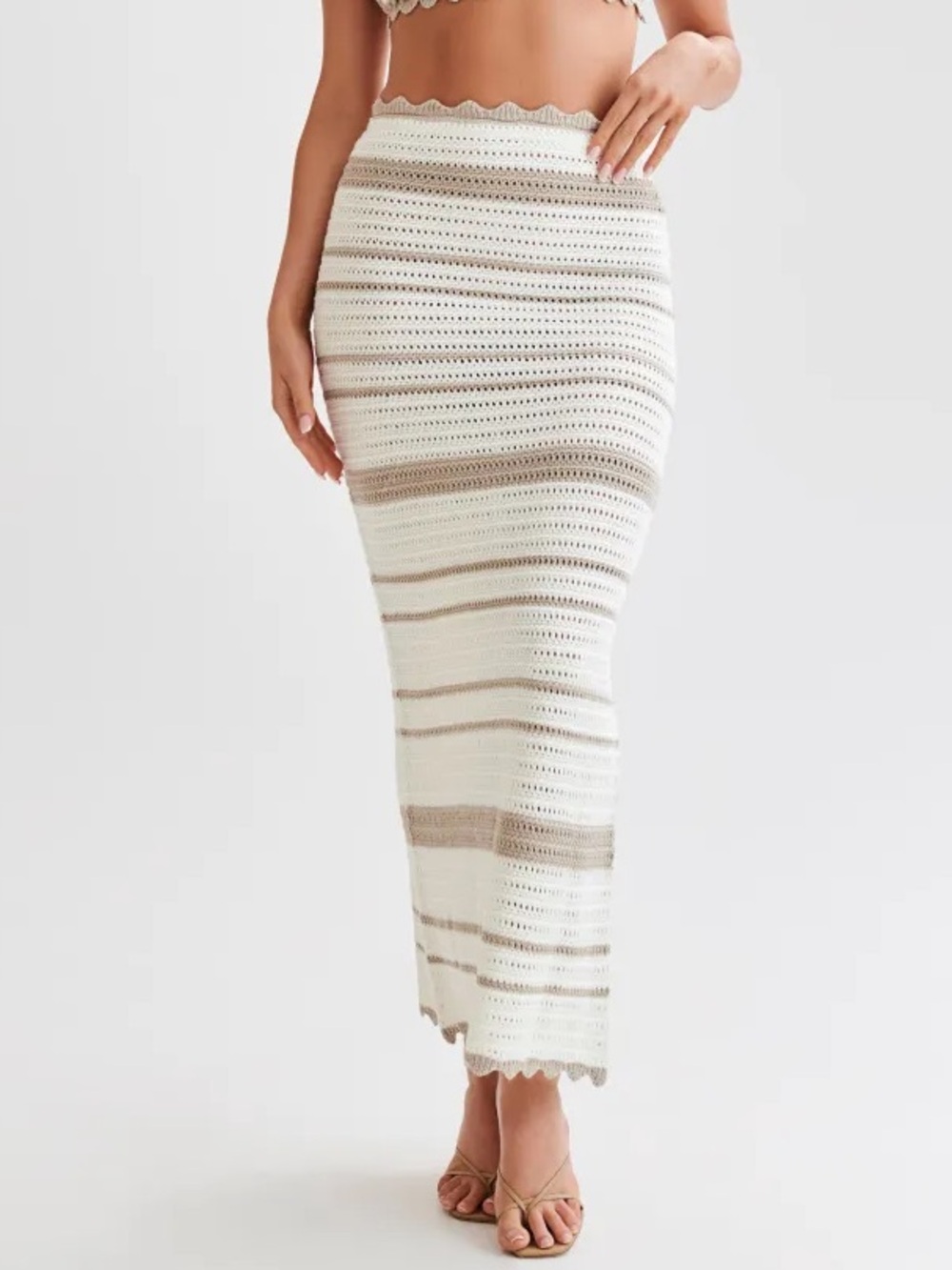 MESHKI Jadia Contrast Crochet Fishtail Maxi Skirt Taupe/White Size XS